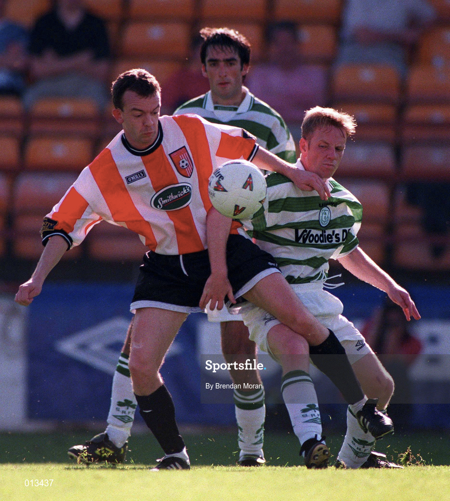 20 September 1998; Michael McHugh of Derry City in action against Gino Brazil of Shamrock Rovers during the Harp Lager National League Premier Division match between Shamrock Rovers and Derry City at Tolka Park in Dublin. Photo by Brendan Moran/Sportsfile