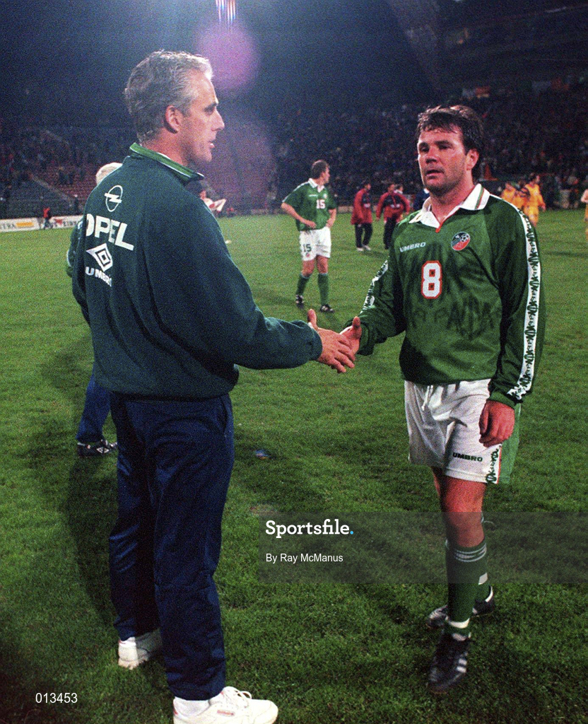 30 April 1997; Republic of Ireland manager Mick McCarthy, left, and Ray Houghton shake hands following the FIFA World Cup 1998 Group 8 Qualifiying match between Romania and Republic of Ireland at Stadionul Steaua in Bucharest, Romania. Photo by Ray McManus/Sportsfile