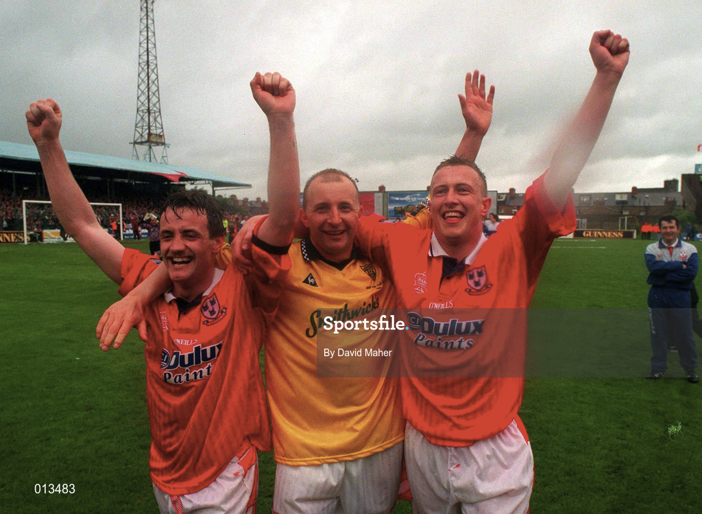 4 May 1997; Shelbourne players, from left, Stephen Geoghegan, captain Mick Neville and Dave Campbell celebrate following their side's victory during the FAI Cup Final match between Derry City and Shelbourne at Dalymount Park in Dublin. Photo by David Maher/Sportsfile
