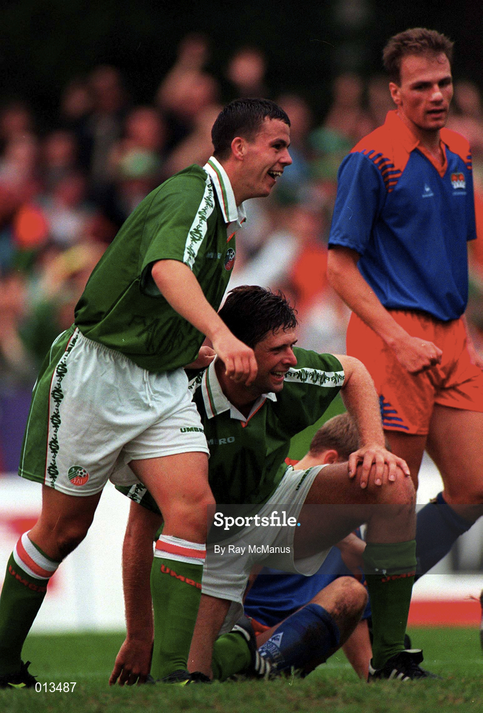 31 August 1996; Niall Quinn of Republic of Ireland, centre, is congratulated by team-mate Ian Harte after scoring his side's fifth goal during the FIFA World Cup 1998 Group 8 Qualifying match between Liechtenstein and Republic of Ireland at Eschen-Mauren Sportpark, Eschen in Liechtenstein. Photo by Ray McManus/Sportsfile