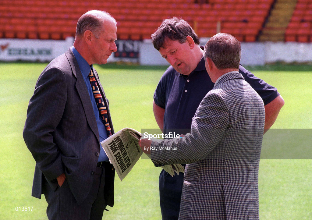 15 July 1998; Laurence MacIntosh, Operations Executive, Rangers, left, in talks with Ollie Byrne, centre, Director and Secretary, Shelbourne, and Richie Campbell, Director and Chief Security Officer, Shelbourne, during the postponedment of the UEFA Cup First Qualifying Round 1st Leg match between Shelbourne and Rangers at Tolka Park in Dublin. Photo by Ray McManus/Sportsfile