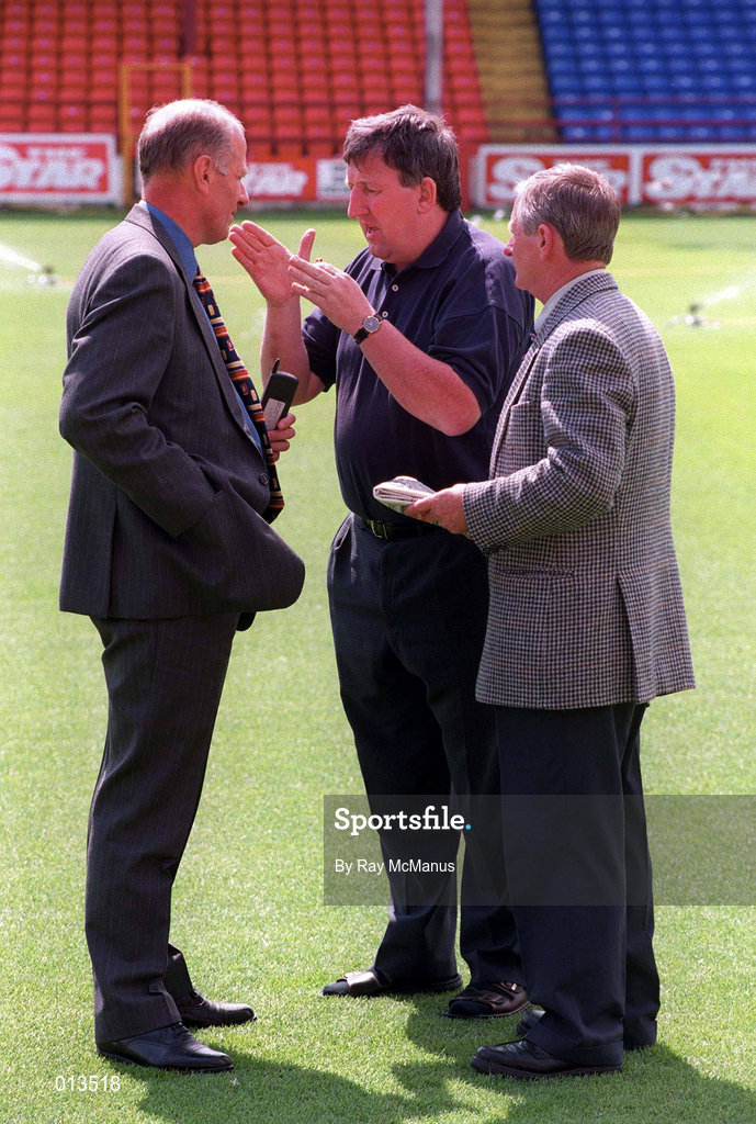 15 July 1998; Laurence MacIntosh, Operations Executive, Rangers, left, in talks with Ollie Byrne, centre, Director and Secretary, Shelbourne, and Richie Campbell, Director and Chief Security Officer, Shelbourne, during the postponedment of the UEFA Cup First Qualifying Round 1st Leg match between Shelbourne and Rangers at Tolka Park in Dublin. Photo by Ray McManus/Sportsfile