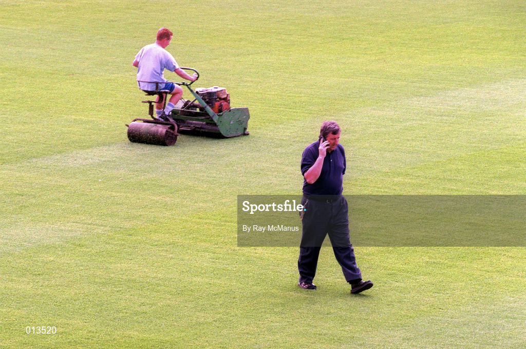 15 July 1998; Ollie Byrne, Director and Secretary of Shelbourne, talks on the phone during the postponedment of the UEFA Cup First Qualifying Round 1st Leg match between Shelbourne and Rangers at Tolka Park in Dublin. Photo by Ray McManus/Sportsfile