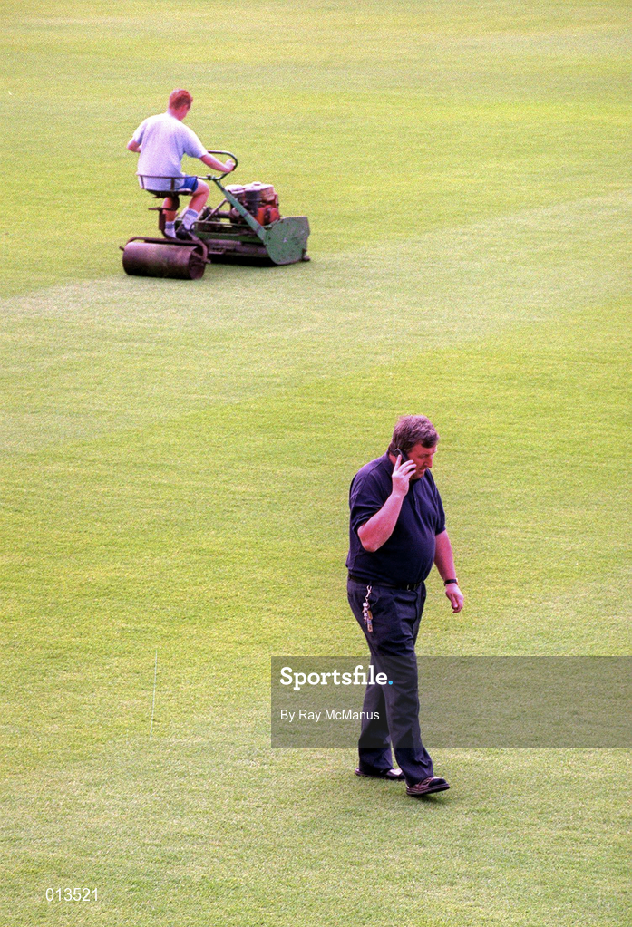 15 July 1998; Ollie Byrne, Director and Secretary of Shelbourne, talks on the phone during the postponedment of the UEFA Cup First Qualifying Round 1st Leg match between Shelbourne and Rangers at Tolka Park in Dublin. Photo by Ray McManus/Sportsfile