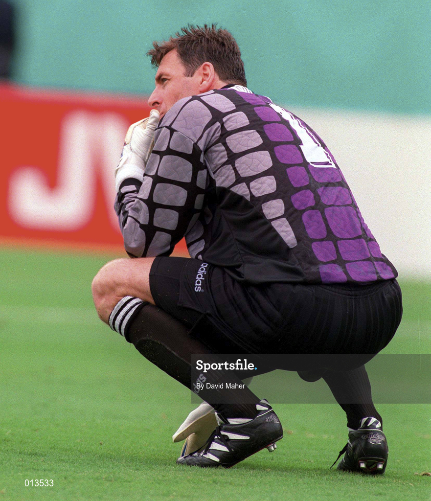4 July 1994; Packie Bonner of Republic of Ireland reacts following his error which lead to a second goal for Netherlands during the FIFA World Cup Finals Round of 16 match between Netherlands and Republic of Ireland at the Citrus Bowl in Orlando, Florida, USA. Photo by David Maher/Sportsfile