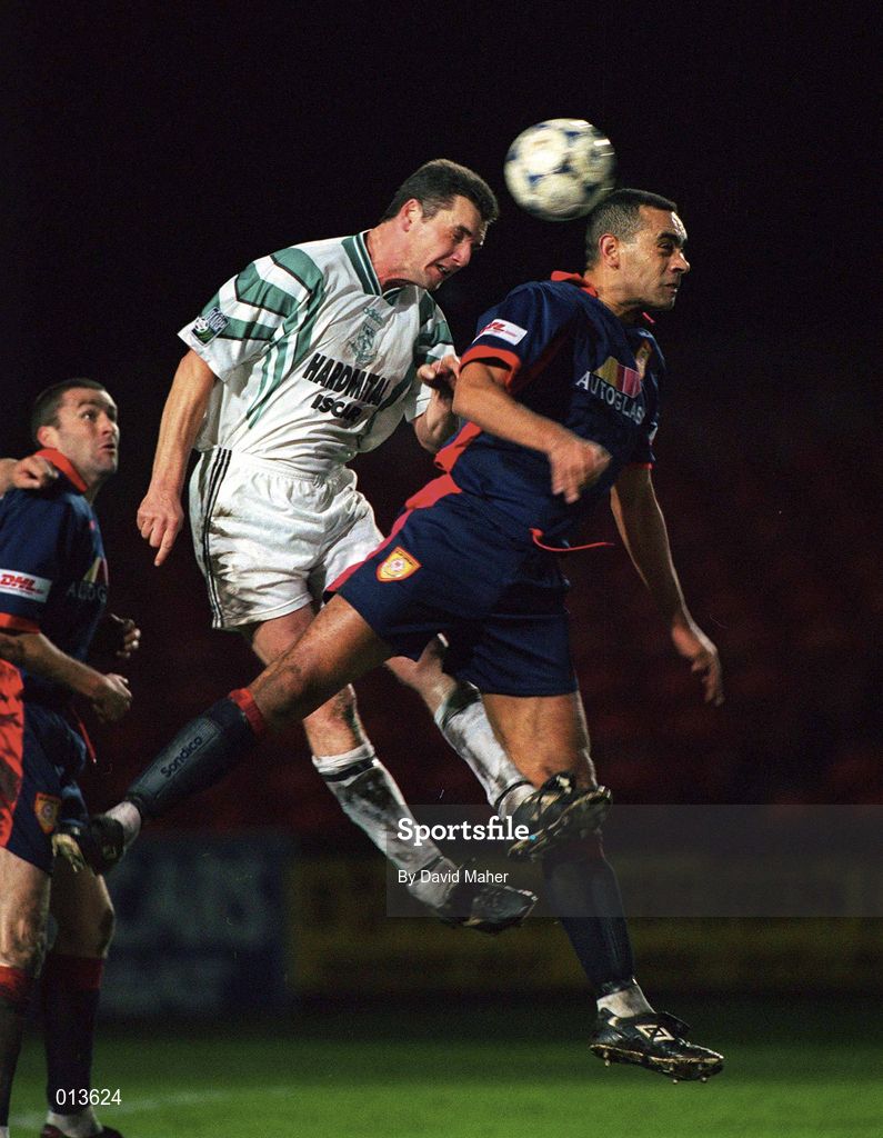 13 November 1996; Bo McKeever of Bray Wanderers in action against Paul Osam of St Patrick's Athletic during the Bord Gáis National League Premier Division match between Bray Wanderers and St Patrick's Athletic at Carlisle Grounds in Bray, Wicklow. Photo by David Maher/Sportsfile