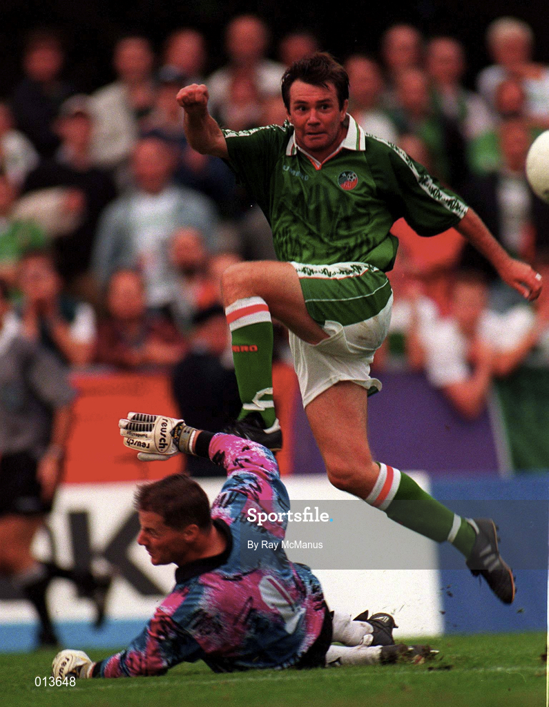 31 August 1996; Ray Houghton of Republic of Ireland in action against Martin Heeb of Liechtenstein during the FIFA World Cup 1998 Group 8 Qualifying match between Liechtenstein and Republic of Ireland at Eschen-Mauren Sportpark, Eschen in Liechtenstein. Photo by Ray McManus/Sportsfile