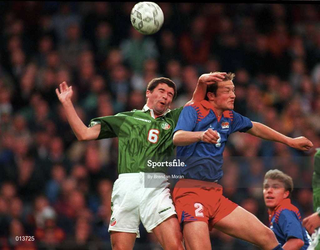 21 May 1997; Roy Keane of Republic of Ireland in action against Thomas Hanselmann of Liechtenstein during the FIFA World Cup 1998 Group 8 Qualifying match between Republic of Ireland and Liechtenstein at Lansdowne Road in Dublin. Photo by Brendan Moran/Sportsfile