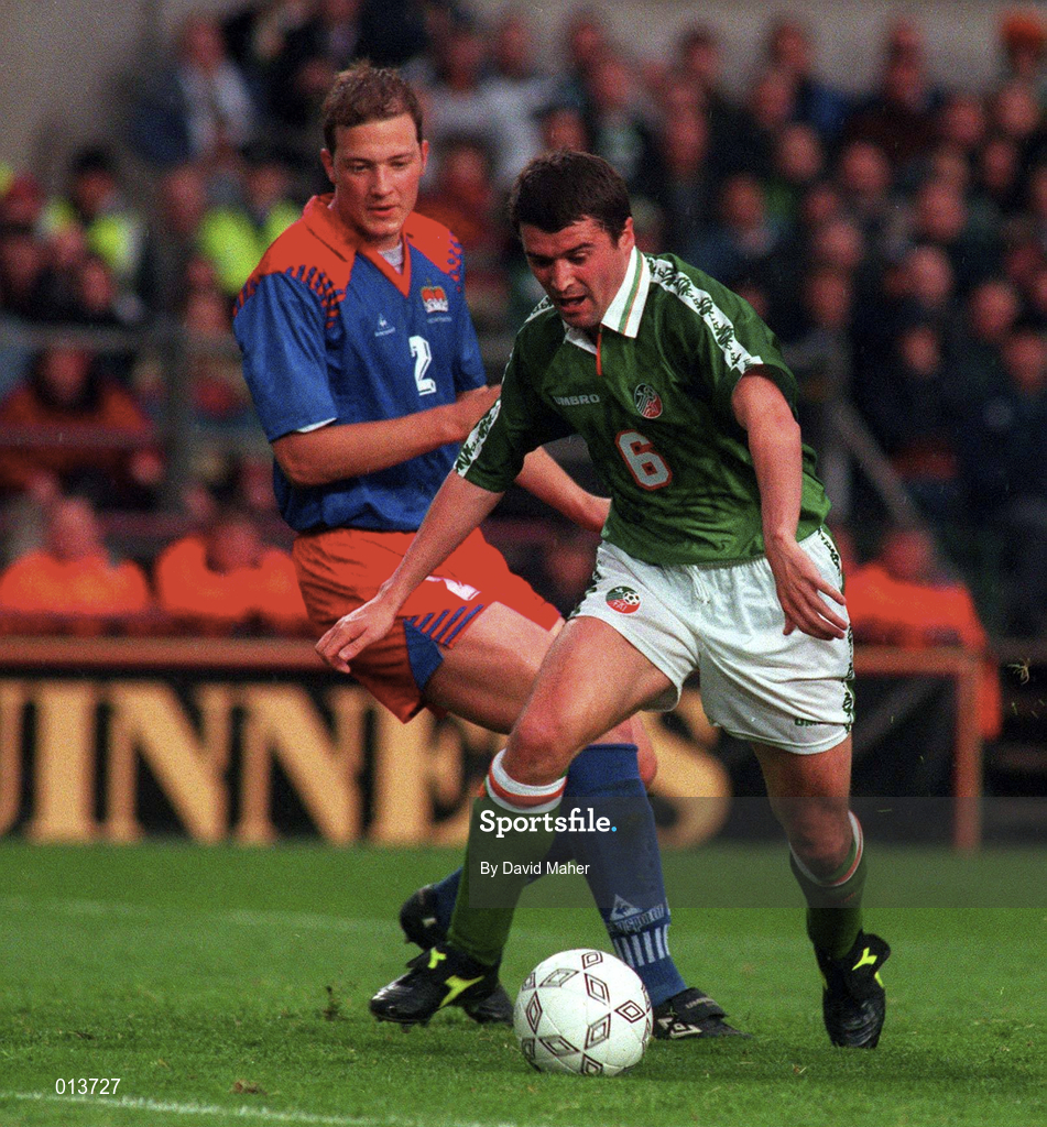 21 May 1997; Roy Keane of Republic of Ireland in action against Thomas Hanselmann of Liechtenstein during the FIFA World Cup 1998 Group 8 Qualifying match between Republic of Ireland and Liechtenstein at Lansdowne Road in Dublin. Photo by David Maher/Sportsfile