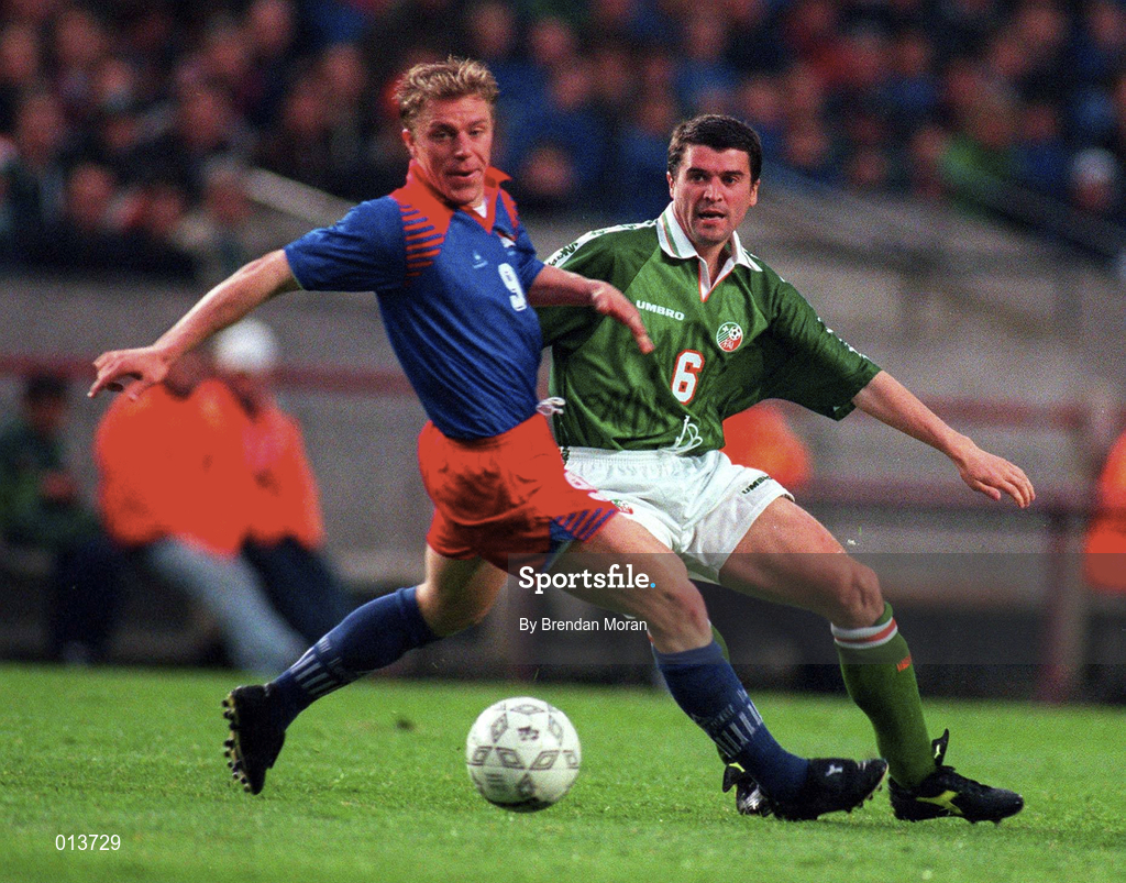 21 May 1997; Roy Keane of Republic of Ireland in action against Christoph Frick of Liechtenstein during the FIFA World Cup 1998 Group 8 Qualifying match between Republic of Ireland and Liechtenstein at Lansdowne Road in Dublin. Photo by Brendan Moran/Sportsfile