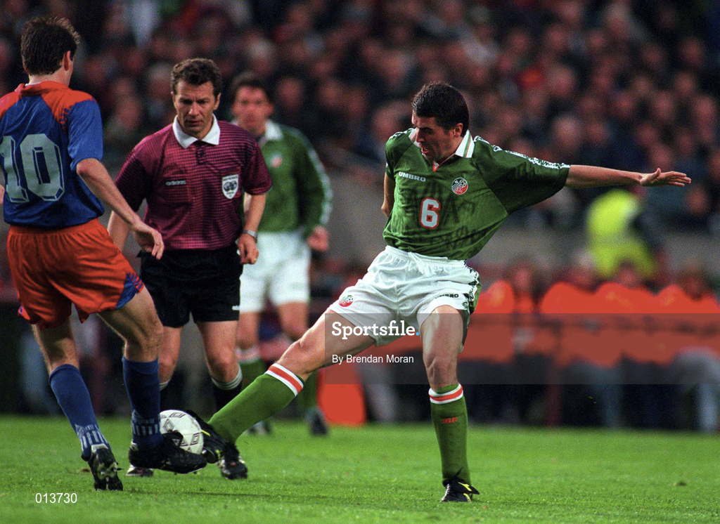 21 May 1997; Roy Keane of Republic of Ireland in action against Peter Klaunzer of Liechtenstein during the FIFA World Cup 1998 Group 8 Qualifying match between Republic of Ireland and Liechtenstein at Lansdowne Road in Dublin. Photo by Brendan Moran/Sportsfile