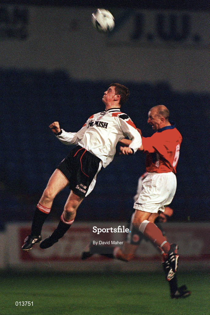 26 Sept 1998; Sean Flannery of Sligo Rovers in action against Mick Neville of Shelbourne during the Harp Lager National League Premier Division match between Shelbourne and Sligo Rovers at Tolka Park in Dublin. Photo by David Maher/Sportsfile
