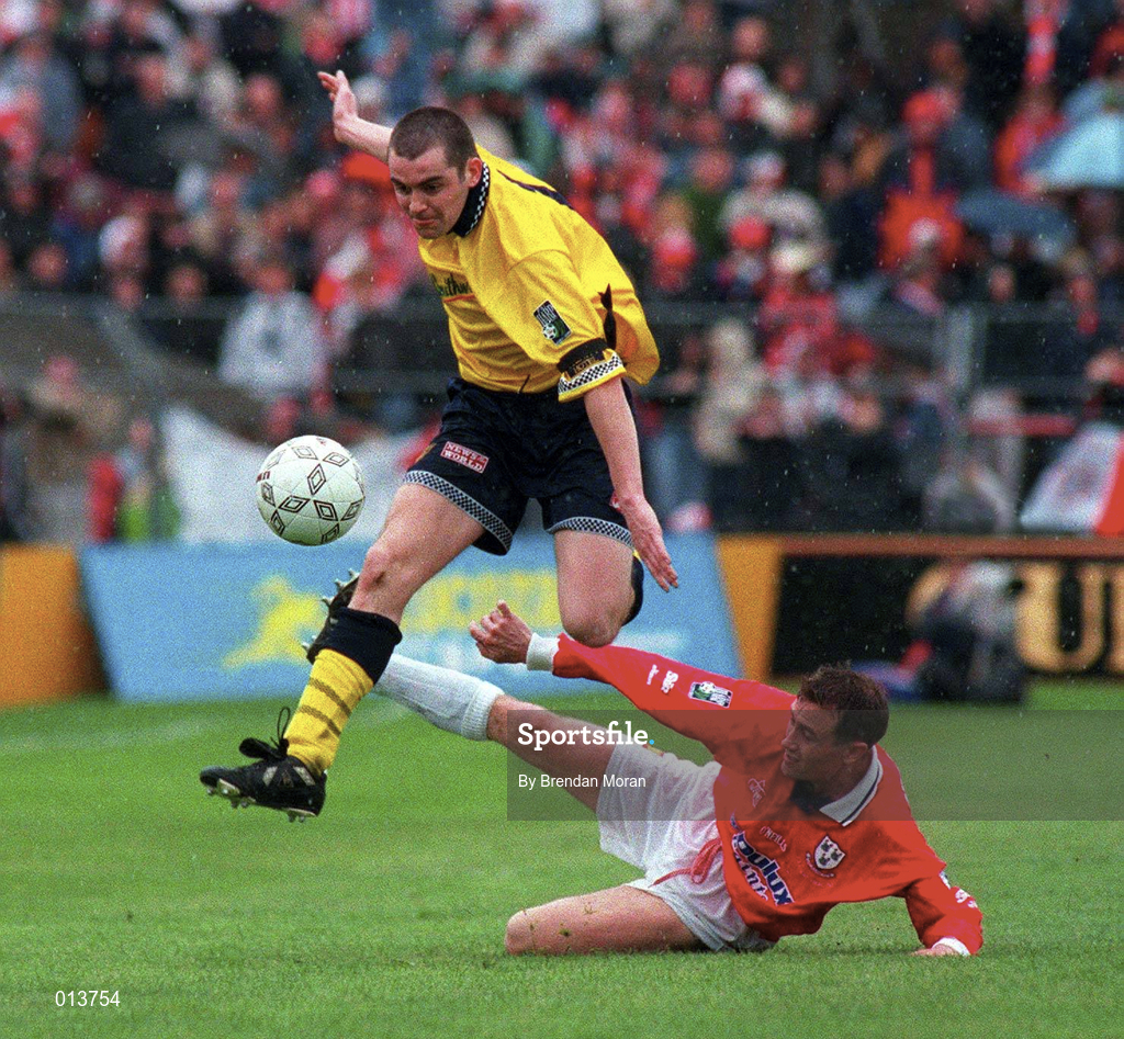 4 May 1997; Sean Hargan of Derry City evades the tackle of Shelbourne's Declan Geoghegan during the FAI Cup Final match between Derry City and Shelbourne at Dalymount Park in Dublin. Photo by Brendan Moran/Sportsfile