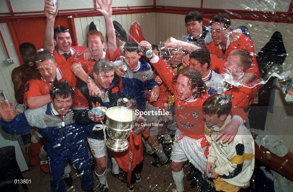 4 May 1997; Shelbourne players and staff celebrate in the dressing room following their side's victory during the FAI Cup Final match between Derry City and Shelbourne at Dalymount Park in Dublin. Photo by David Maher/Sportsfile