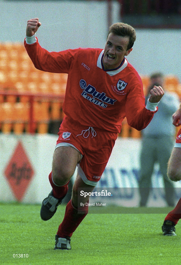 27 August 1995; Stephen Geoghegan of Shelbourne celebrates after scoring his side's first goal during the Bord Gáis National League Premier Division match between Shelbourne and Derry City at Tolka Park in Dublin. Photo by David Maher/Sportsfile