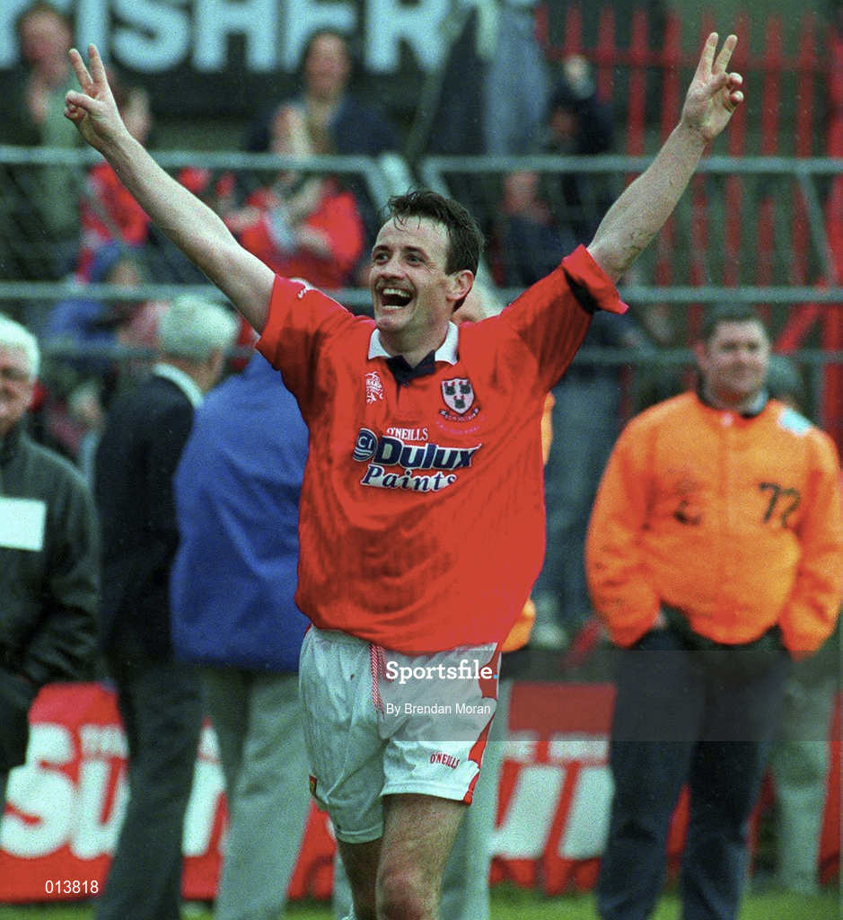 4 May 1997; Stephen Geoghegan of Shelbourne celebrates after scoring his side's second goal during the FAI Cup Final match between Derry City and Shelbourne at Dalymount Park in Dublin. Photo by Brendan Moran/Sportsfile