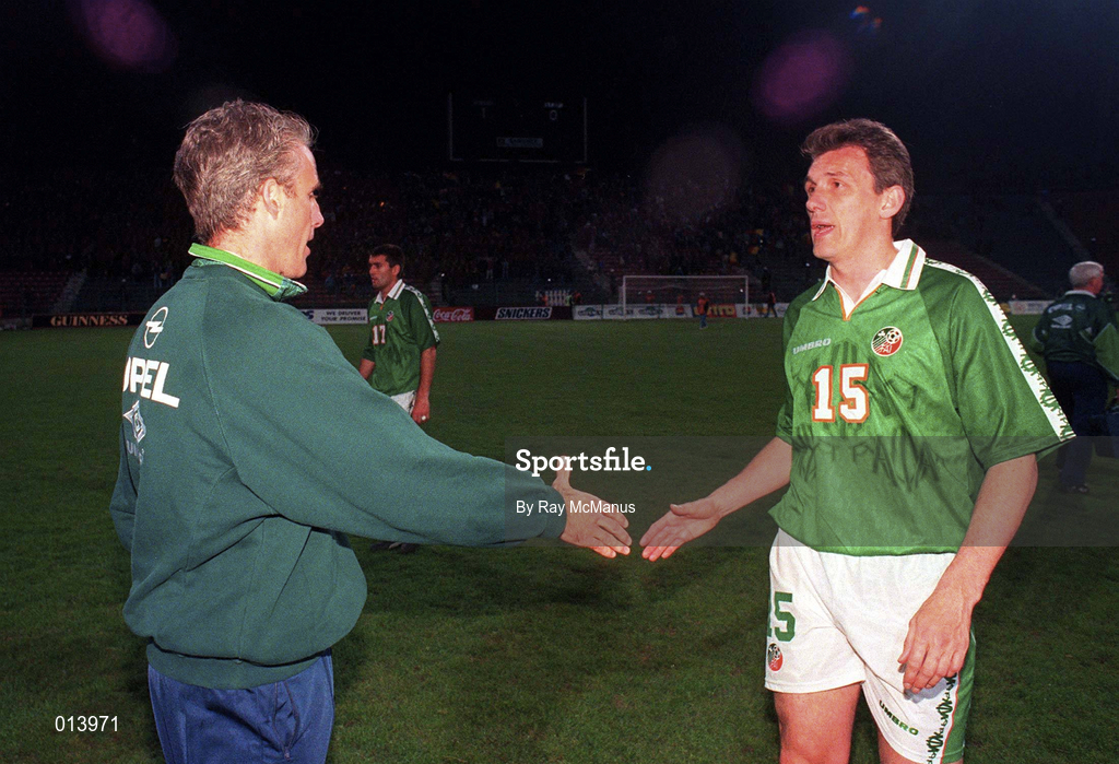 30 April 1997; Republic of Ireland manager Mick McCarthy, left, and Tony Cascarino shake hands following the FIFA World Cup 1998 Group 8 Qualifiying match between Romania and Republic of Ireland at Stadionul Steaua in Bucharest, Romania. Photo by Ray McManus/Sportsfile