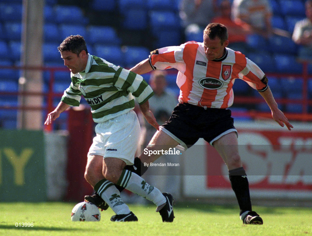 20 September 1998; Tony Cousins of Shamrock rovers in action against Paul Hegarty of Derry City during the Harp Lager National League Premier Division match between Shamrock Rovers and Derry City at Tolka Park in Dublin. Photo by Brendan Moran/Sportsfile