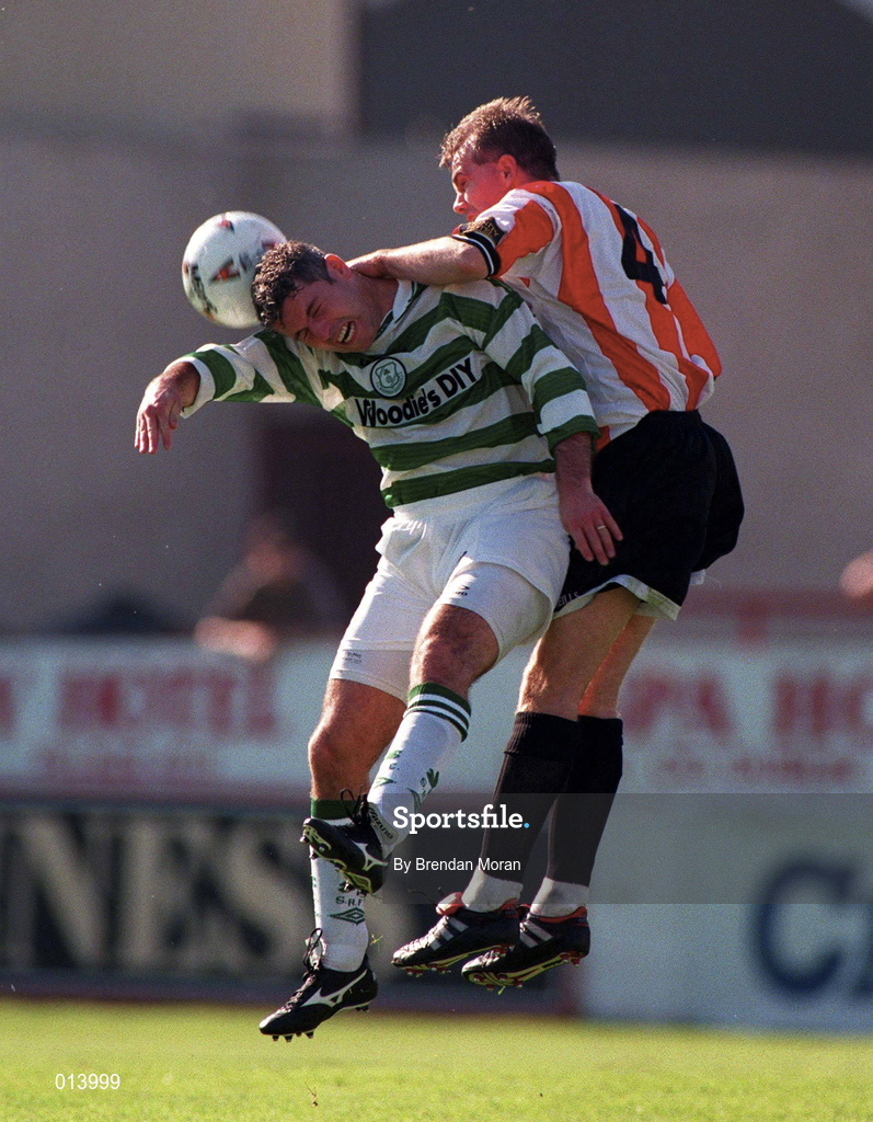 20 September 1998; Tony Cousins of Shamrock rovers in action against Stuart Gauld of Derry City during the Harp Lager National League Premier Division match between Shamrock Rovers and Derry City at Tolka Park in Dublin. Photo by Brendan Moran/Sportsfile