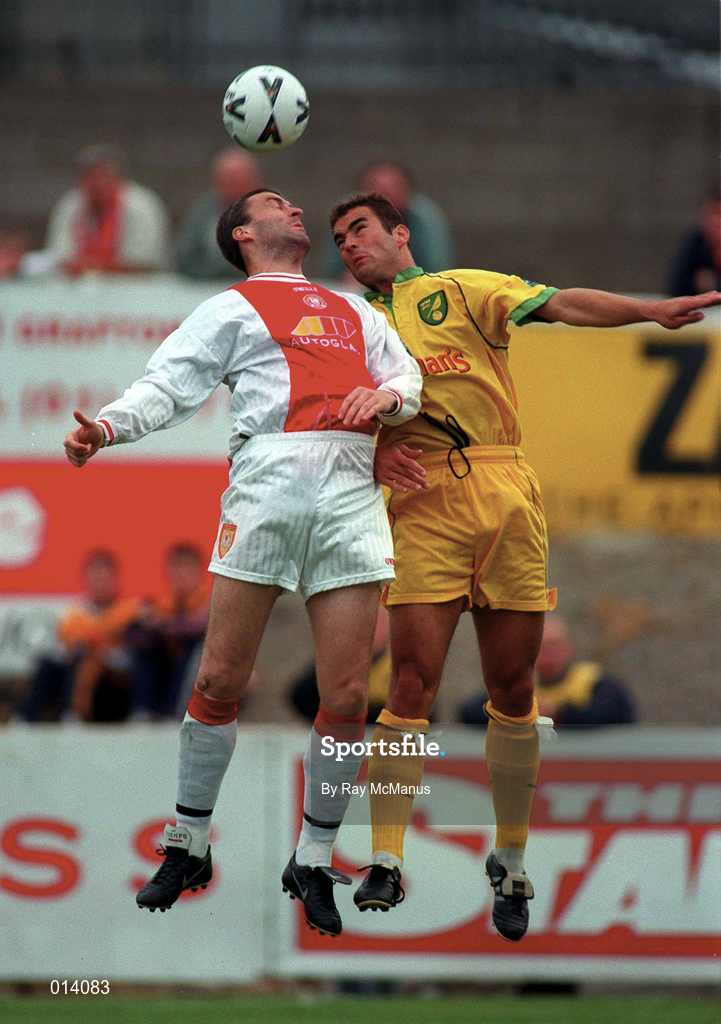 18 July 1998; Ian Gilzean of St Patrick's Athletic in action against Victor Segura of Norwich City during the Club Friendly match between St Patrick's Athletic and Norwich City at Richmond Park in Dublin. Photo by Ray McManus/Sportsfile