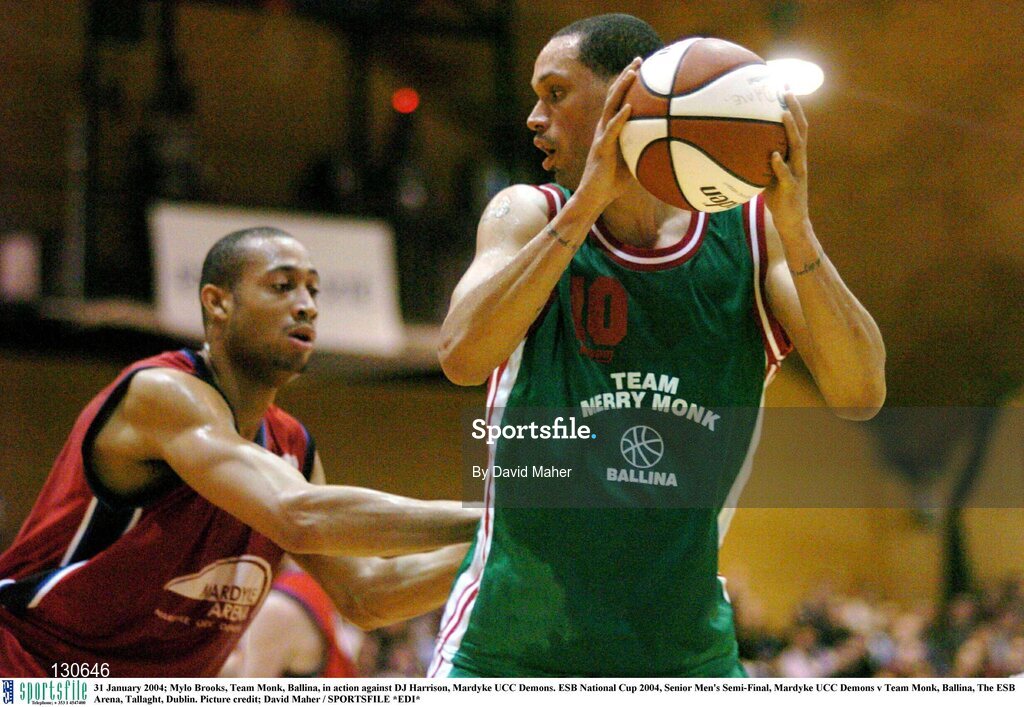 31 January 2004; Mylo Brooks, Team Merry Monk, Ballina, in action against DJ Harrison, Mardyke UCC Demons. ESB National Cup 2004, Senior Men's Semi-Final, Mardyke UCC Demons v Team Merry Monk, Ballina, The ESB Arena, Tallaght, Dublin. Picture credit; David Maher / SPORTSFILE *EDI*