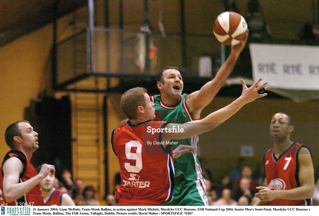 31 January 2004; Liam McHale, Team Merry Monk Ballina, in action against Mark Michels, Mardyke UCC Demons. ESB National Cup 2004, Senior Men's Semi-Final, Mardyke UCC Demons v Team Merry Monk, Ballina, The ESB Arena, Tallaght, Dublin. Picture credit; David Maher / SPORTSFILE *EDI*