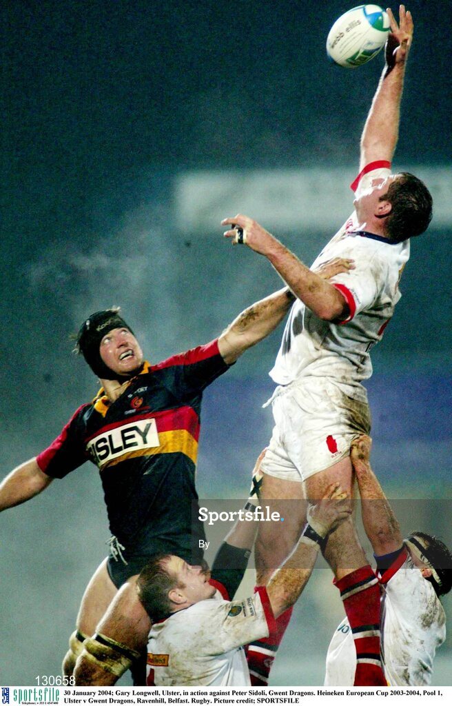 30 January 2004; Gary Longwell, Ulster, in action against Peter Sidoli, Gwent Dragons. Heineken European Cup 2003-2004, Pool 1, Ulster v Gwent Dragons, Ravenhill, Belfast. Rugby. Picture credit; SPORTSFILE *EDI*
