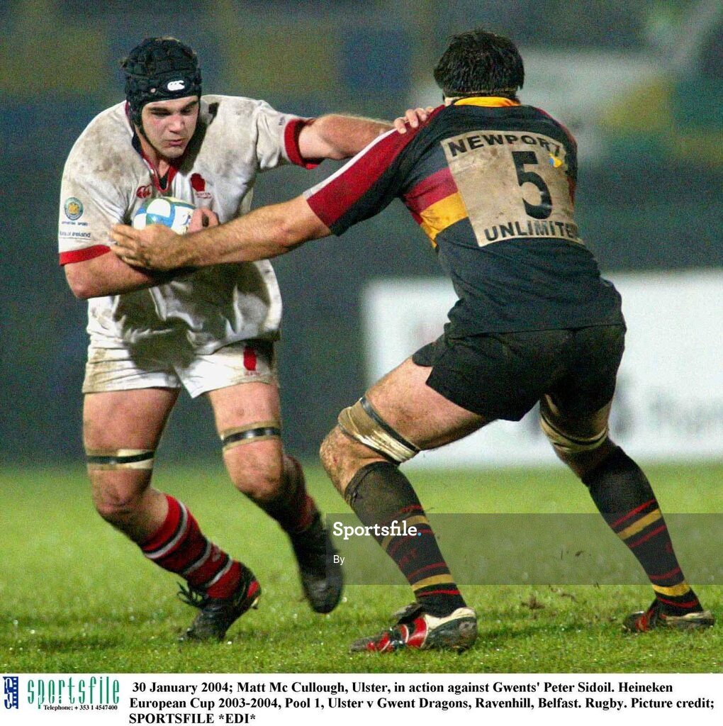 30 January 2004; Matt Mc Cullough, Ulster, in action against Gwents' Peter Sidoil. Heineken European Cup 2003-2004, Pool 1, Ulster v Gwent Dragons, Ravenhill, Belfast. Rugby. Picture credit; SPORTSFILE *EDI*