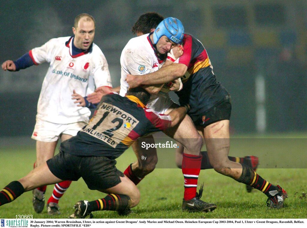 30 January 2004; Warren Brosinihan, Ulster, in action against Gwent Dragons' Andy Marios and Michael Owen. Heineken European Cup 2003-2004, Pool 1, Ulster v Gwent Dragons, Ravenhill, Belfast. Rugby. Picture credit; SPORTSFILE *EDI*