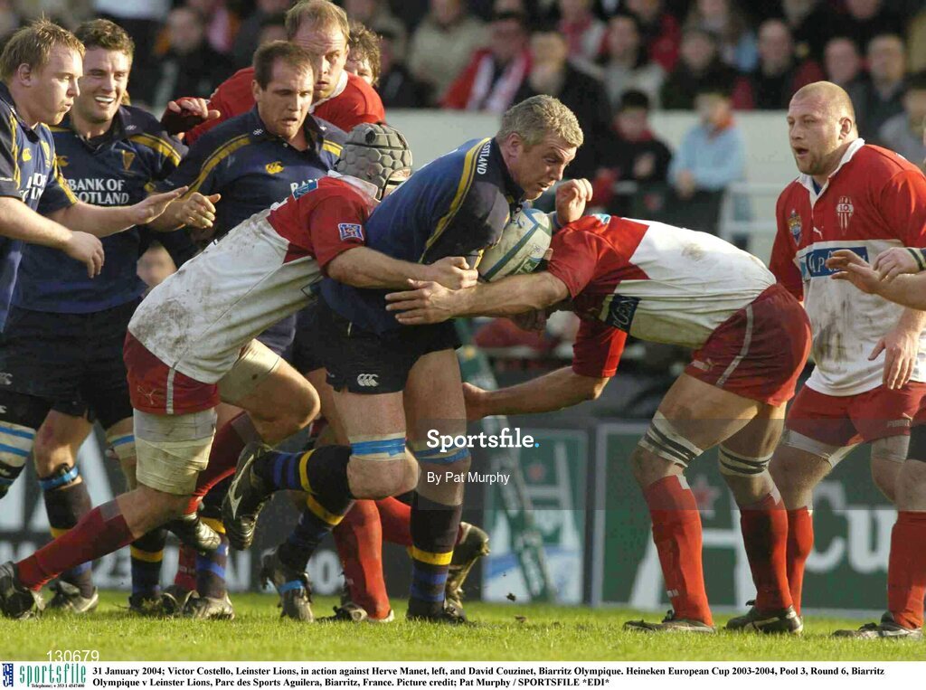 31 January 2004; Victor Costello, Leinster Lions, in action against Herve Manet, left, and David Couzinet, Biarritz Olympique. Heineken European Cup 2003-2004, Pool 3, Round 6, Biarritz Olympique v Leinster Lions, Parc des Sports Aguilera, Biarritz, France. Picture credit; Pat Murphy / SPORTSFILE *EDI*