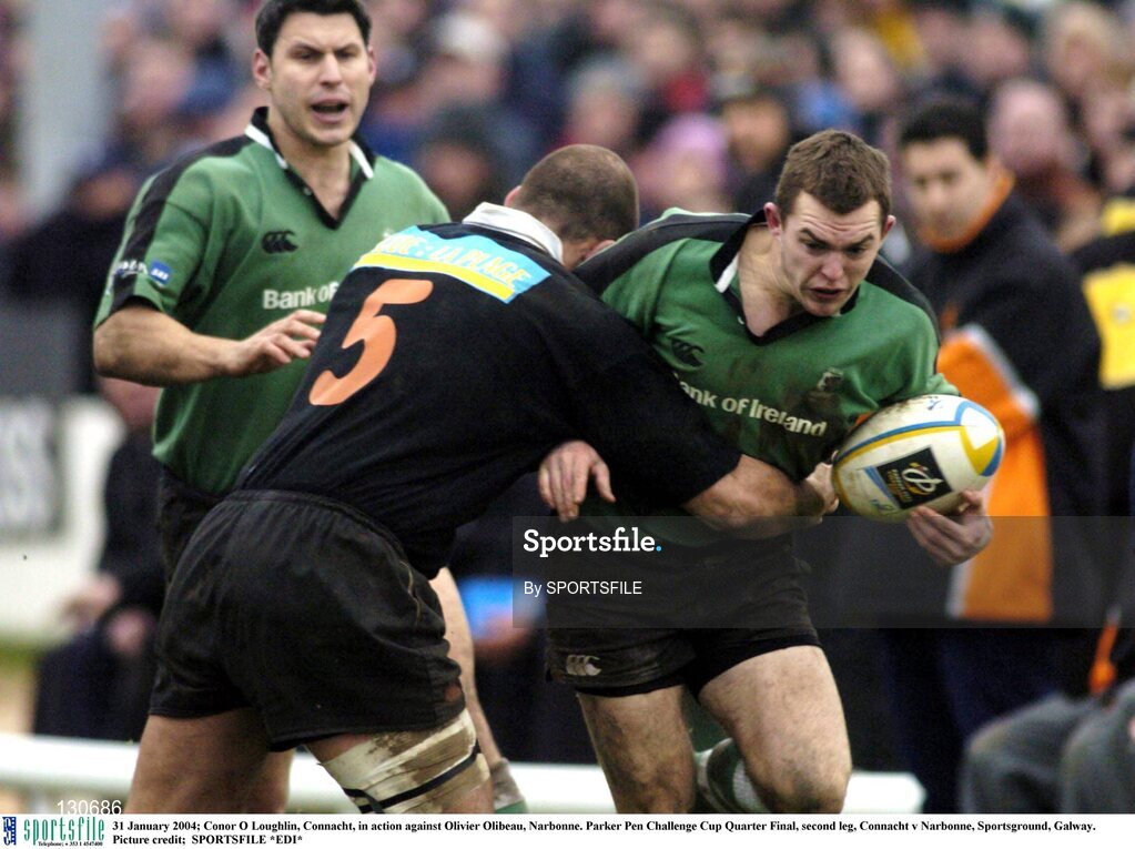 31 January 2004; Conor O Loughlin, Connacht, in action against Olivier Olibeau, Narbonne. Parker Pen Challenge Cup Quarter Final, second leg, Connacht v Narbonne, Sportsground, Galway. Picture credit;  SPORTSFILE *EDI*
