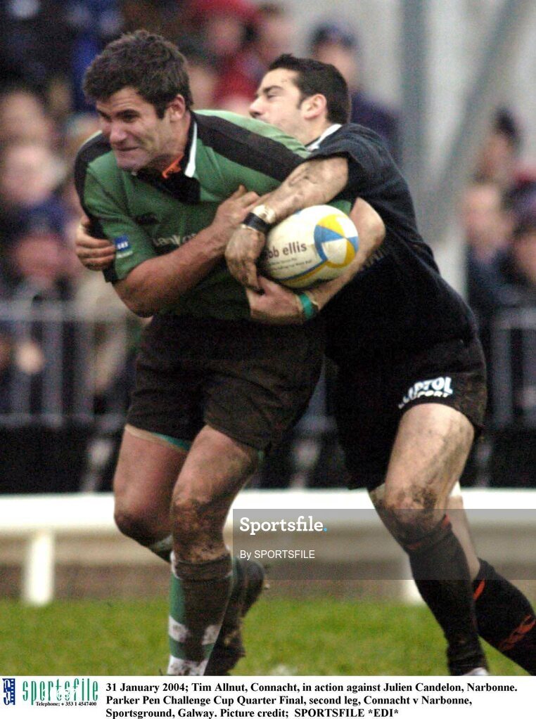 31 January 2004; Tim Allnut, Connacht, in action against Julien Candelon, Narbonne. Parker Pen Challenge Cup Quarter Final, second leg, Connacht v Narbonne, Sportsground, Galway. Picture credit;  SPORTSFILE *EDI*