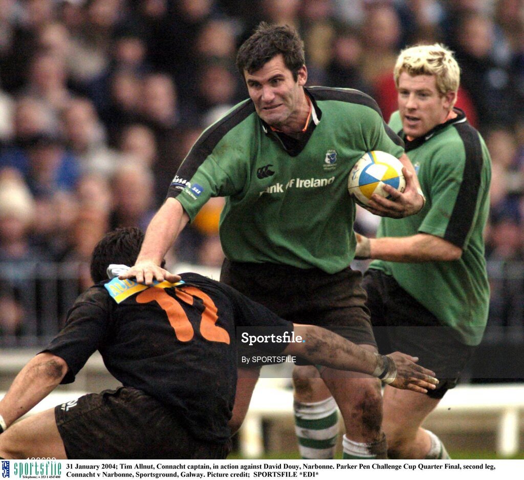 31 January 2004; Tim Allnut, Connacht captain, in action against David Douy, Narbonne. Parker Pen Challenge Cup Quarter Final, second leg, Connacht v Narbonne, Sportsground, Galway. Picture credit;  SPORTSFILE *EDI*