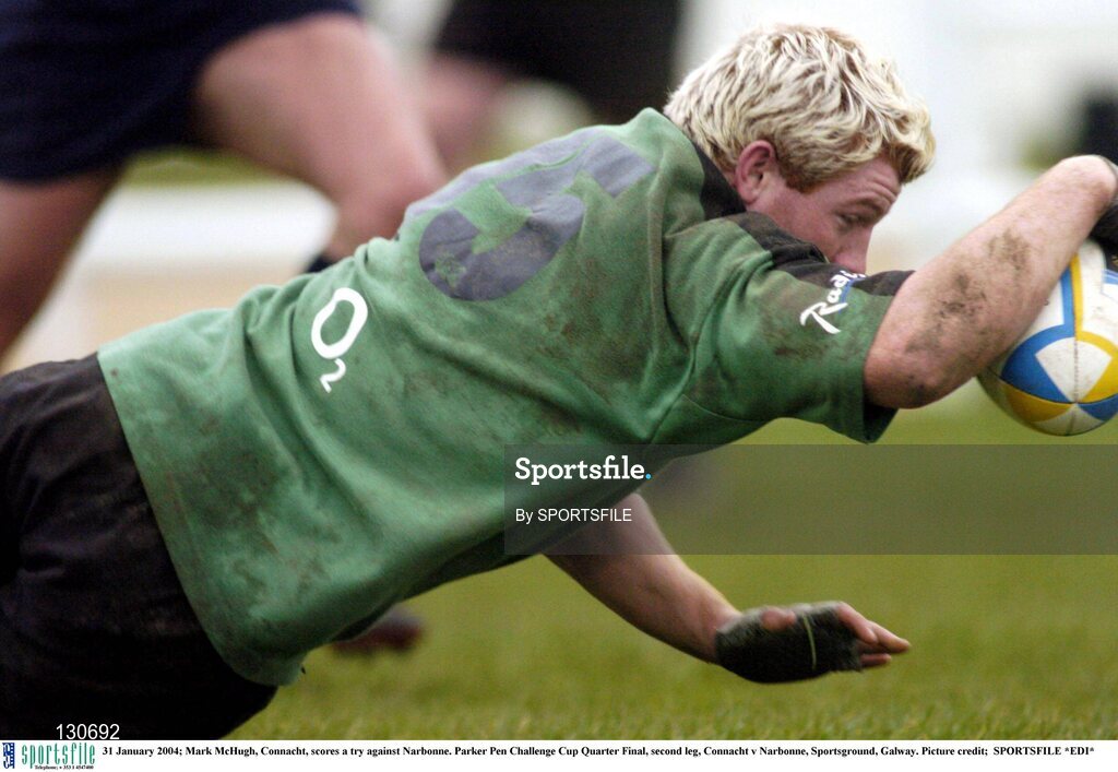 31 January 2004; Mark McHugh, Connacht, scores a try against Narbonne. Parker Pen Challenge Cup Quarter Final, second leg, Connacht v Narbonne, Sportsground, Galway. Picture credit;  SPORTSFILE *EDI*