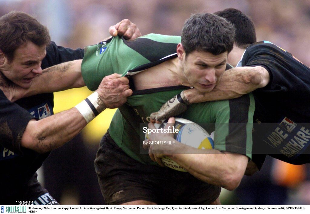31 January 2004; Darren Yapp, Connacht, in action against David Douy, Narbonne. Parker Pen Challenge Cup Quarter Final, second leg, Connacht v Narbonne, Sportsground, Galway. Picture credit;  SPORTSFILE *EDI*