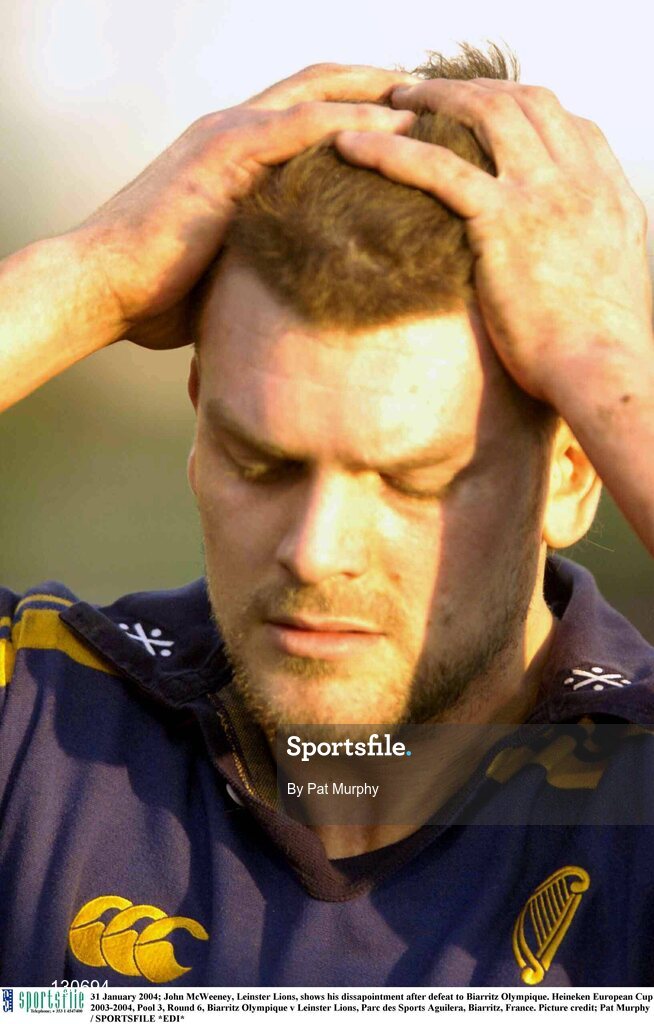 31 January 2004; John McWeeney, Leinster Lions, shows his dissapointment after defeat to Biarritz Olympique. Heineken European Cup 2003-2004, Pool 3, Round 6, Biarritz Olympique v Leinster Lions, Parc des Sports Aguilera, Biarritz, France. Picture credit; Pat Murphy / SPORTSFILE *EDI*