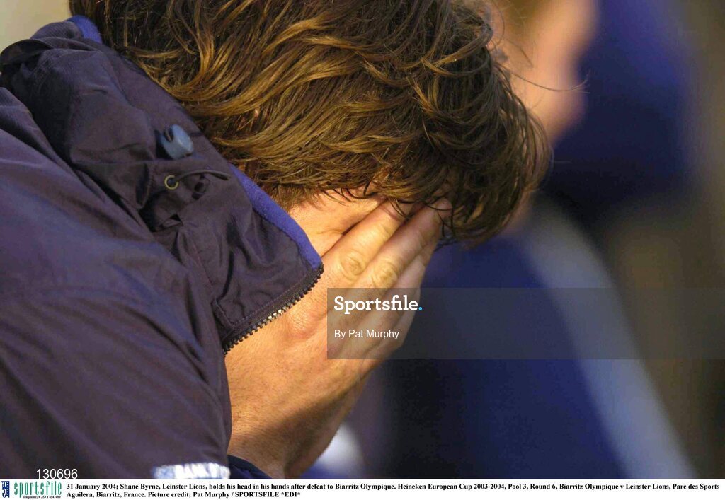 31 January 2004; Shane Byrne, Leinster Lions, holds his head in his hands after defeat to Biarritz Olympique. Heineken European Cup 2003-2004, Pool 3, Round 6, Biarritz Olympique v Leinster Lions, Parc des Sports Aguilera, Biarritz, France. Picture credit; Pat Murphy / SPORTSFILE *EDI*