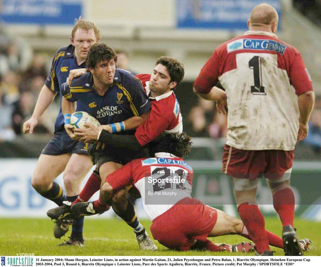 31 January 2004; Shane Horgan, Leinster Lions, in action against Martin Gaitan, 21, Julien Peyrelongue and Petru Balan, 1, Biarritz Olympique. Heineken European Cup 2003-2004, Pool 3, Round 6, Biarritz Olympique v Leinster Lions, Parc des Sports Aguilera, Biarritz, France. Picture credit; Pat Murphy / SPORTSFILE *EDI*
