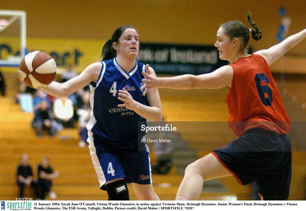 31 January 2004; Sarah Jane O'Connell, Vienna Woods Glanmire, in action against Vivienne Shaw, Drimagh Dynamos. Junior Women's Final, Drimagh Dynamos v Vienna Woods Glanmire, The ESB Arena, Tallaght, Dublin. Picture credit; David Maher / SPORTSFILE *EDI*