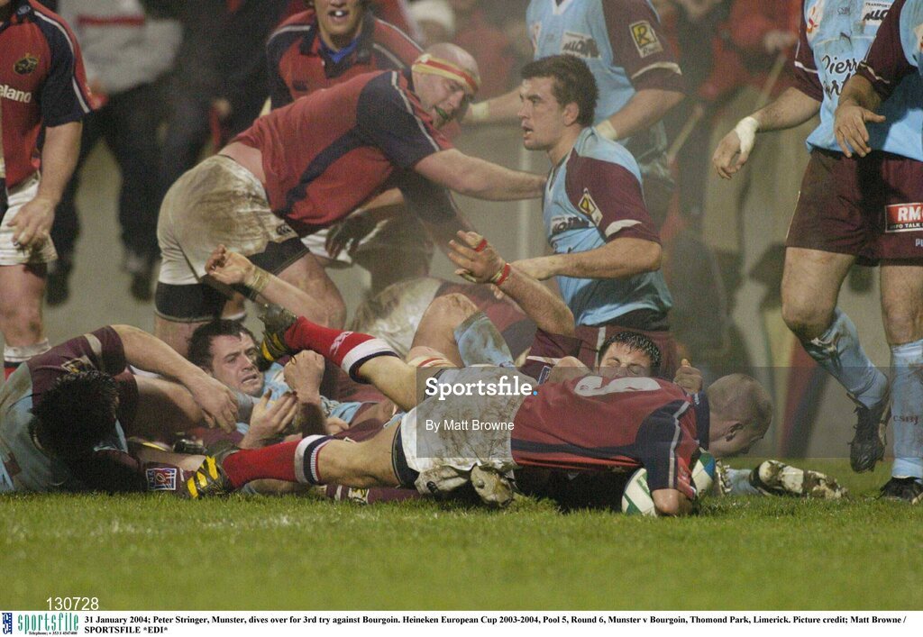 31 January 2004; Peter Stringer, Munster, dives over for his 3rd try against Bourgoin. Heineken European Cup 2003-2004, Pool 5, Round 6, Munster v Bourgoin, Thomond Park, Limerick. Picture credit; Matt Browne / SPORTSFILE *EDI*