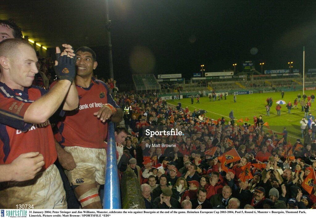 31 January 2004; Peter Stringer and Jim Williams, Munster, celebrates the win against Bourgoin at the end of the game. Heineken European Cup 2003-2004, Pool 5, Round 6, Munster v Bourgoin, Thomond Park, Limerick. Picture credit; Matt Browne / SPORTSFILE *EDI*