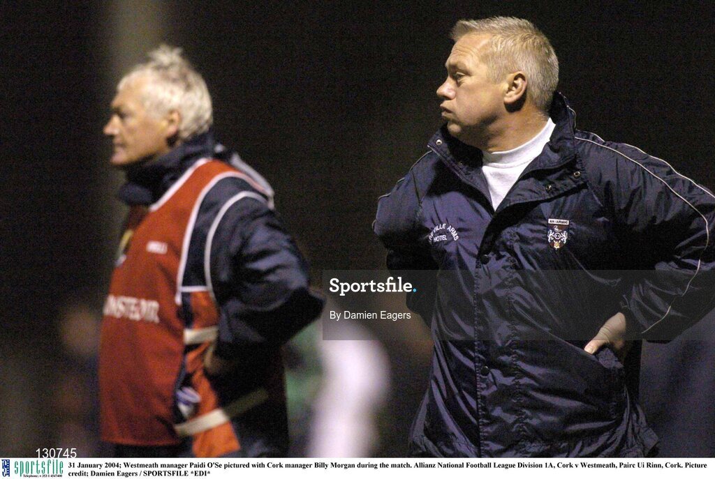 31 January 2004; Westmeath manager Paidi O'Se pictured with Cork manager Billy Morgan during the match. Allianz National Football League Division 1A, Cork v Westmeath, Pairc Ui Rinn, Cork. Picture credit; Damien Eagers / SPORTSFILE *EDI*