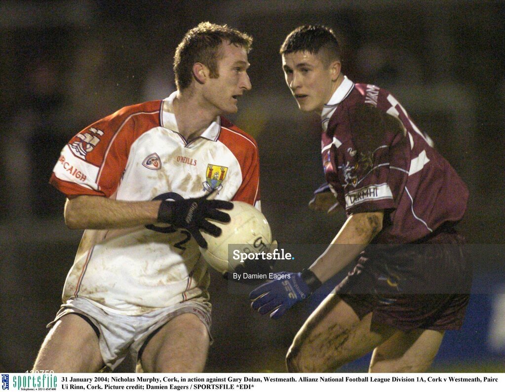 31 January 2004; Nicholas Murphy, Cork, in action against Gary Dolan, Westmeath. Allianz National Football League Division 1A, Cork v Westmeath, Pairc Ui Rinn, Cork. Picture credit; Damien Eagers / SPORTSFILE *EDI*