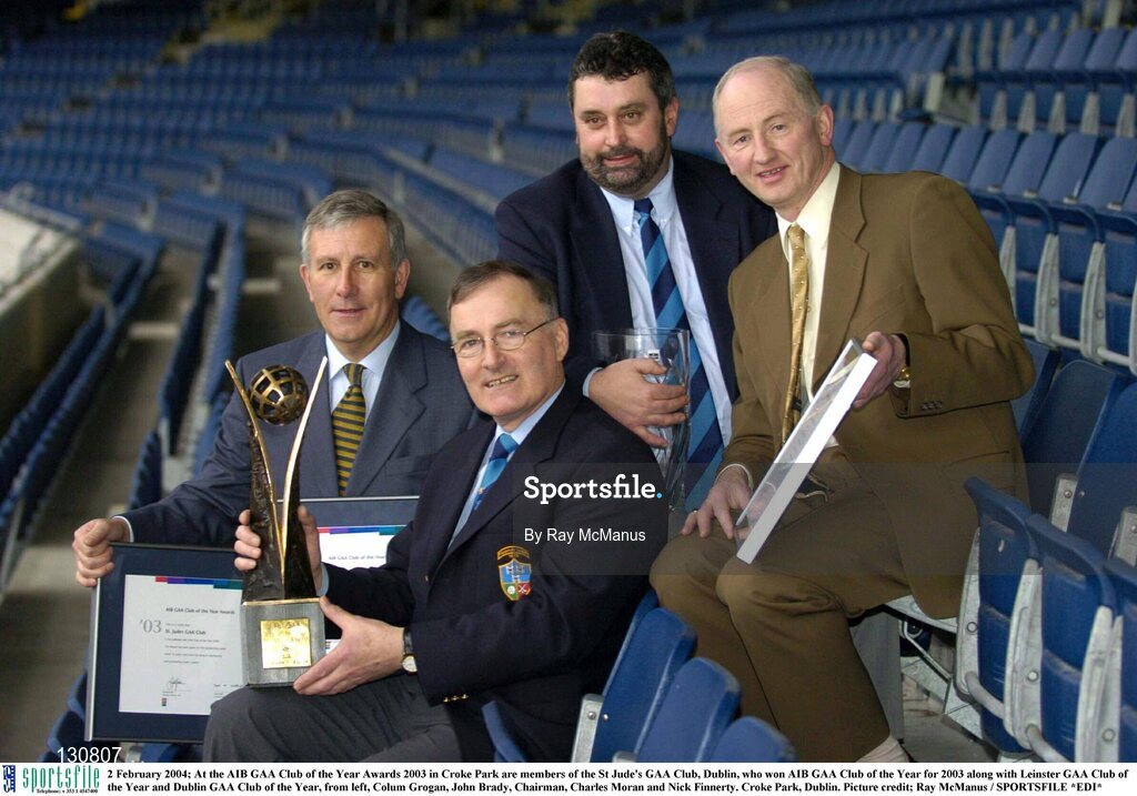 2 February 2004; At the AIB GAA Club of the Year Awards 2003 in Croke Park are members of the St Jude's GAA Club, Dublin, who won AIB GAA Club of the Year for 2003 along with Leinster GAA Club of the Year and Dublin GAA Club of the Year, from left, Colum Grogan, John Brady, Chairman, Charles Moran and Nick Finnerty. Croke Park, Dublin. Picture credit; Ray McManus / SPORTSFILE *EDI*