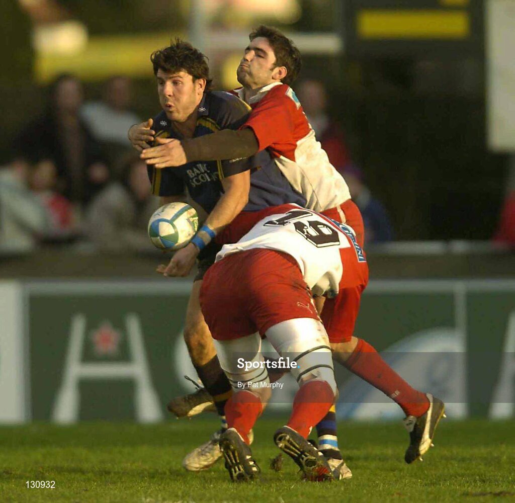 31 January 2004; Shane Horgan, Leinster Lions, in action against Dimitri Yachvili, right, and Didier Chouchan, 19, Biarritz Olympique. Heineken European Cup 2003-2004, Pool 3, Round 6, Biarritz Olympique v Leinster Lions, Parc des Sports Aguilera, Biarritz, France. Picture credit; Pat Murphy / SPORTSFILE *EDI*