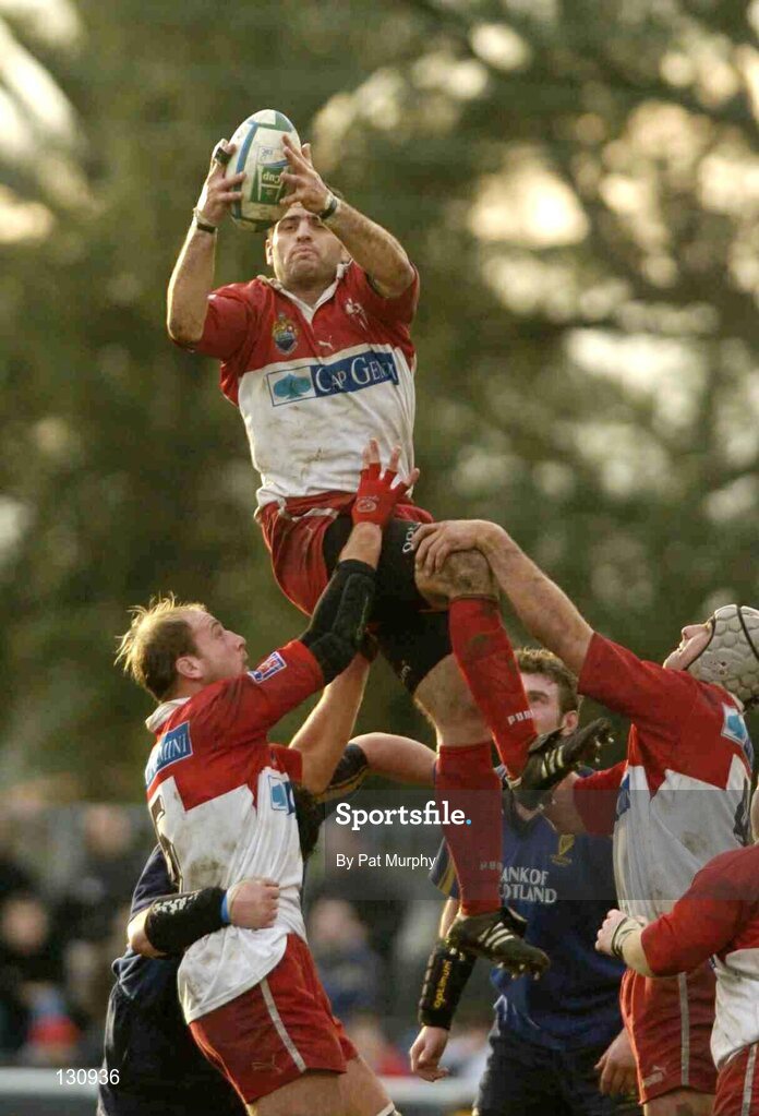 31 January 2004; Biarritz Olympiques Thomas Lievremont with help from team-mates David Couzinet, left, and Herve Manet, right, wins possession in the line-out against the Leinster Lions. Heineken European Cup 2003-2004, Pool 3, Round 6, Biarritz Olympique v Leinster Lions, Parc des Sports Aguilera, Biarritz, France. Picture credit; Pat Murphy / SPORTSFILE *EDI*