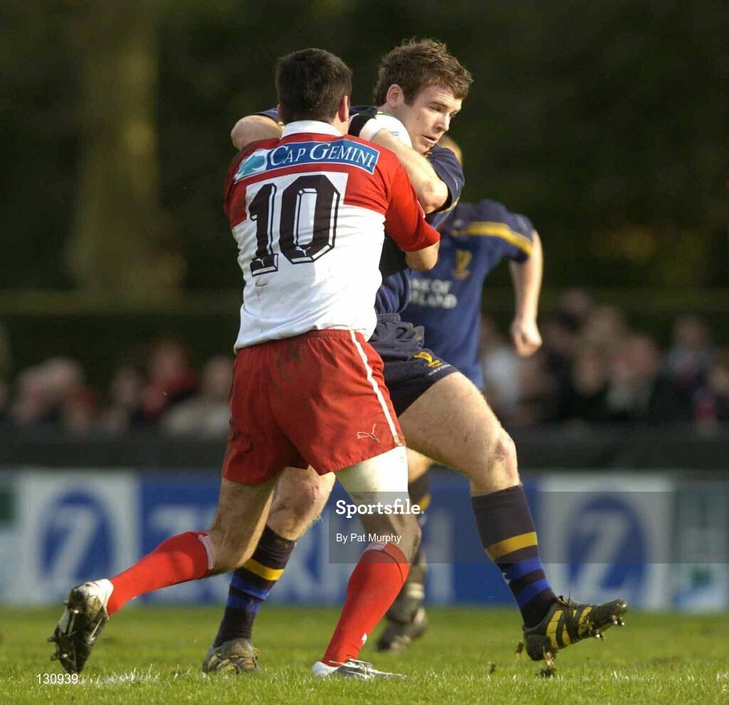 31 January 2004; Gordon D'Arcy, Leinster Lions, in action against Julien Peyrelongue, Biarritz Olympique. Heineken European Cup 2003-2004, Pool 3, Round 6, Biarritz Olympique v Leinster Lions, Parc des Sports Aguilera, Biarritz, France. Picture credit; Pat Murphy / SPORTSFILE *EDI*