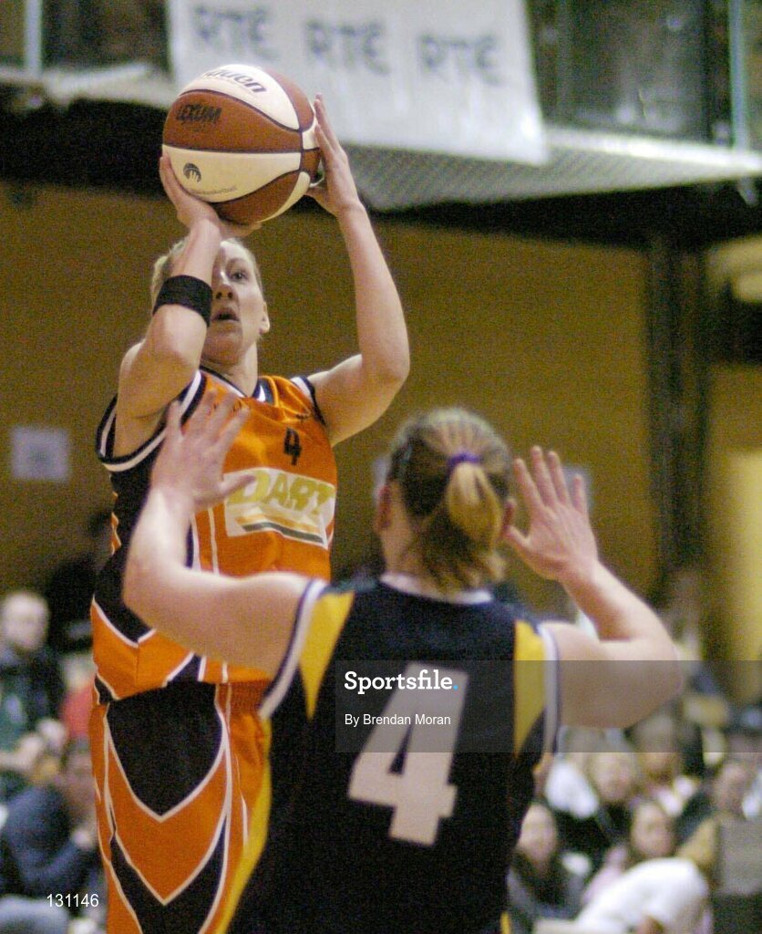30 January 2004; Shannon Reid, Dart Killester, in action against Michelle Aspell, University of Limerick. ESB National Cup 2004, Senior Women's Semi-Final, University of Limerick v Dart Killester, The ESB Arena, Tallaght, Dublin. Picture credit; Brendan Moran / SPORTSFILE *EDI*