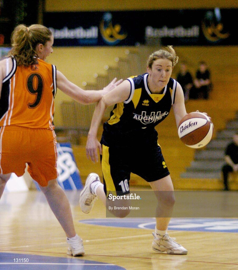30 January 2004; Niamh Mullally, University of Limerick, in action against Dart Killester's Sinead Vaughan. ESB National Cup 2004, Senior Women's Semi-Final, University of Limerick v Dart Killester, The ESB Arena, Tallaght, Dublin. Picture credit; Brendan Moran / SPORTSFILE *EDI*