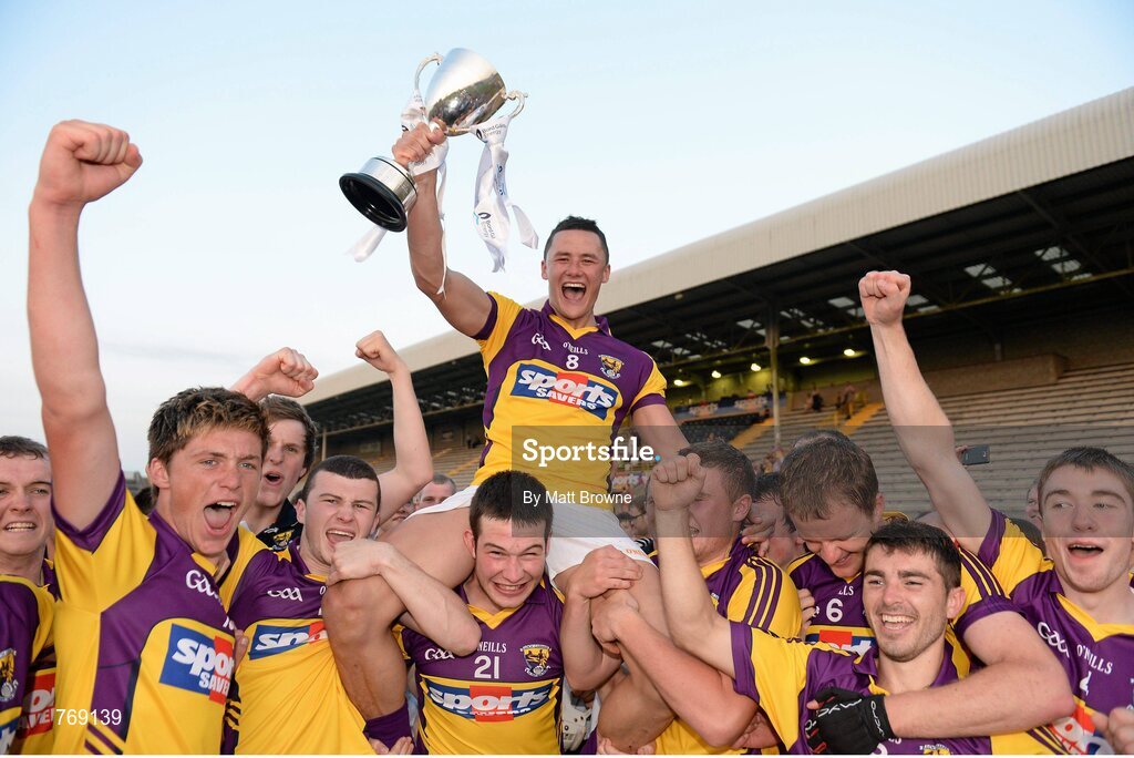 10 July 2013; Wexford captain Lee Chin lifts the Robbins Cup as his team-mates celebrate. Bord Gáis Energy Leinster GAA Hurling Under 21 Championship Final, Kilkenny v Wexford, Wexford Park, Wexford. Picture credit: Matt Browne / SPORTSFILE